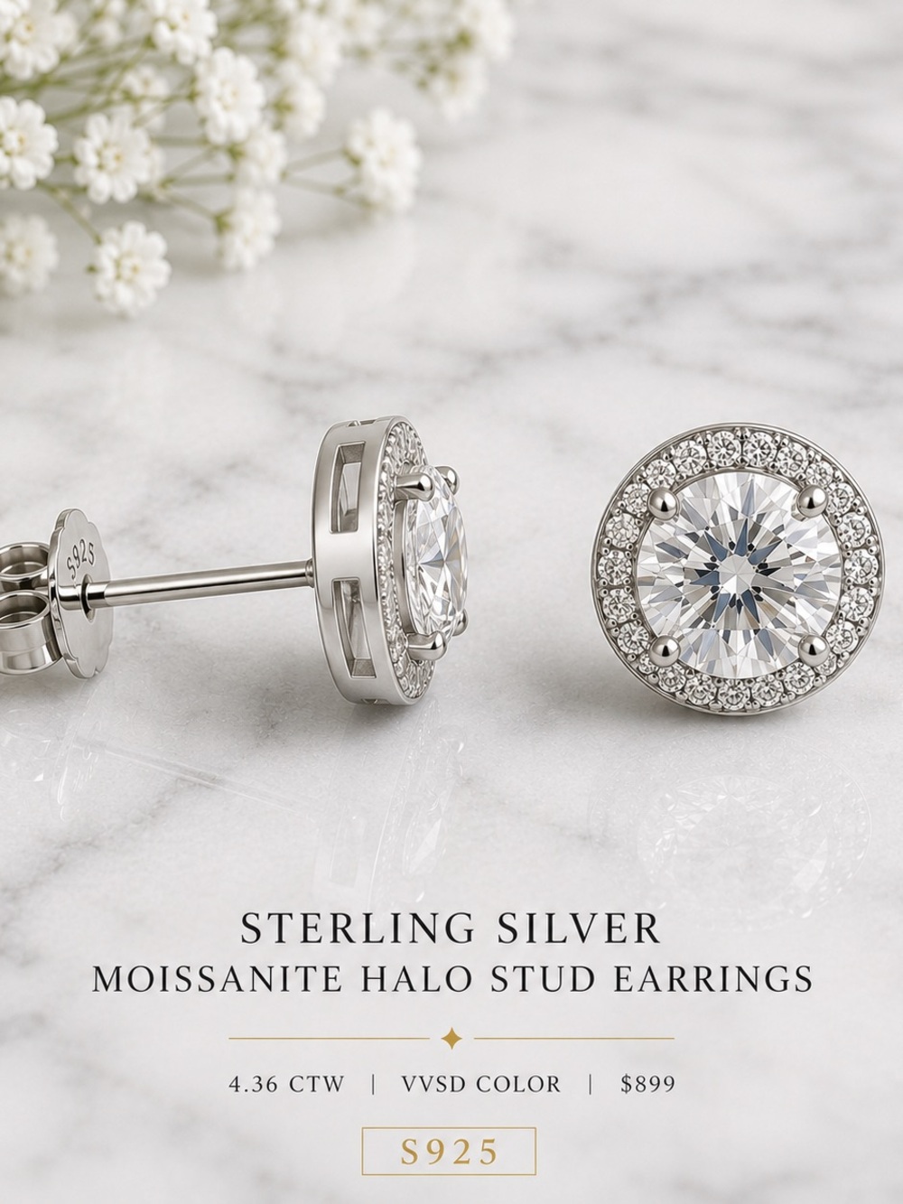 Sterling Silver White Moissanite Halo Stud Earrings -4.36 CTW